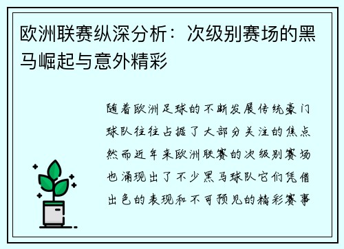 欧洲联赛纵深分析：次级别赛场的黑马崛起与意外精彩