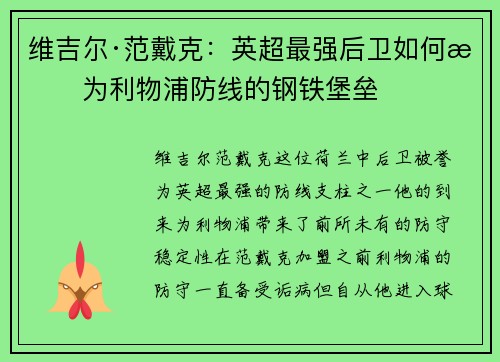 维吉尔·范戴克：英超最强后卫如何成为利物浦防线的钢铁堡垒